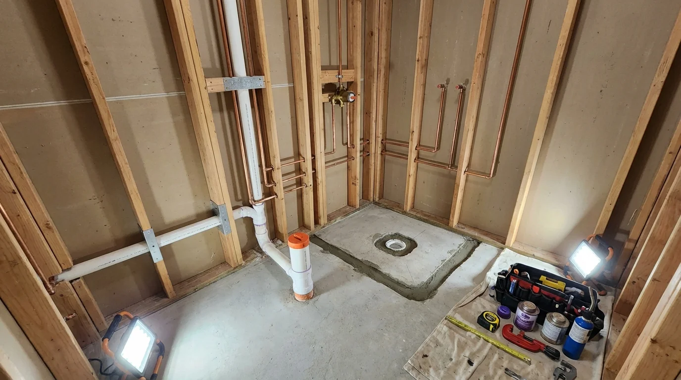 Bathroom rough-in plumbing during remodel by Johns Plumbing LLC in Auburn Hills