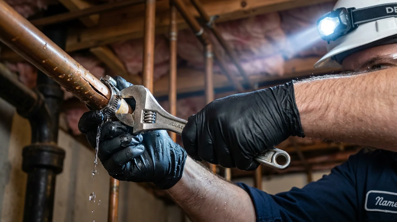 Emergency pipe clamp repair being performed by a Johns Plumbing LLC plumber in Auburn Hills