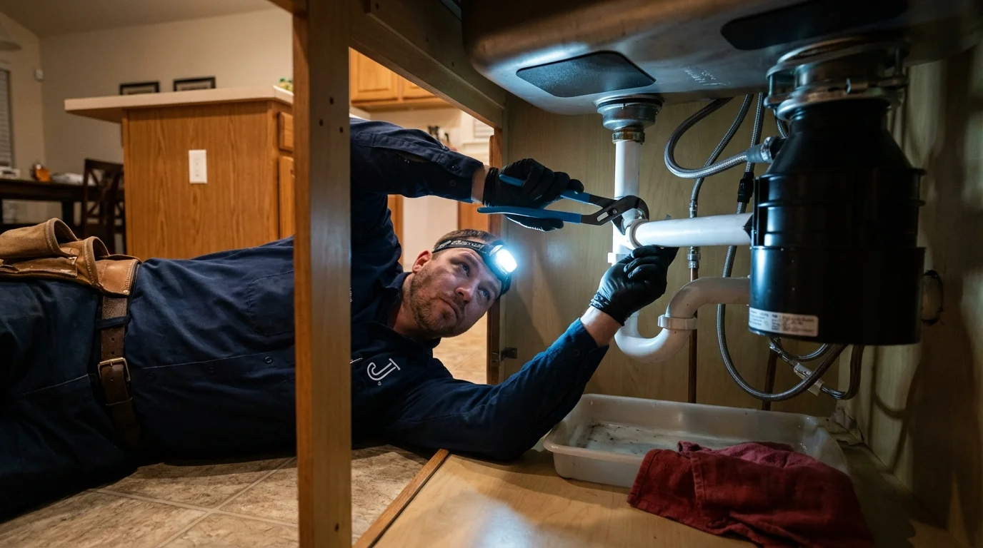 P-trap and supply line connections under a kitchen sink showing a common leak point in Auburn Hills, MI